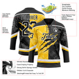 Custom Black Yellow-White 3D Pattern Gradient Fashion Scratch Hockey Lace Neck Jersey