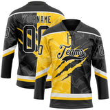 Custom Black Yellow-White 3D Pattern Gradient Fashion Scratch Hockey Lace Neck Jersey