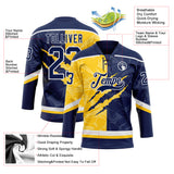 Custom Navy Yellow-White 3D Pattern Gradient Fashion Scratch Hockey Lace Neck Jersey