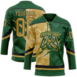 Custom Green Old Gold-Black 3D Pattern Gradient Fashion Scratch Hockey Lace Neck Jersey