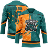 Custom Teal Bay Orange-Black 3D Pattern Gradient Fashion Scratch Hockey Lace Neck Jersey