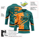 Custom Teal Bay Orange-Black 3D Pattern Gradient Fashion Scratch Hockey Lace Neck Jersey