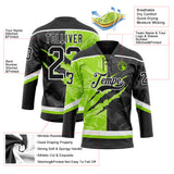 Custom Black Neon Green-White 3D Pattern Gradient Fashion Scratch Hockey Lace Neck Jersey