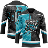 Custom Black Teal-White 3D Pattern Gradient Fashion Scratch Hockey Lace Neck Jersey