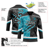 Custom Black Teal-White 3D Pattern Gradient Fashion Scratch Hockey Lace Neck Jersey