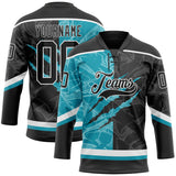 Custom Black Teal-White 3D Pattern Gradient Fashion Scratch Hockey Lace Neck Jersey