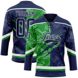 Custom Navy Grass Green-White 3D Pattern Gradient Fashion Scratch Hockey Lace Neck Jersey