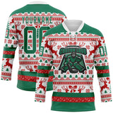 Custom Red Kelly Green-White 3D Christmas Ugly Sweater Hockey Lace Neck Jersey
