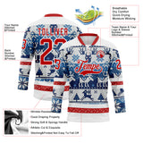 Custom Blue Red-White 3D Christmas Ugly Sweater Hockey Lace Neck Jersey