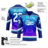 Custom Blue White Sky Blue-Purple 3D Pattern Gradient Geometric Shape Hockey Lace Neck Jersey