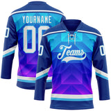 Custom Blue White Sky Blue-Purple 3D Pattern Gradient Geometric Shape Hockey Lace Neck Jersey