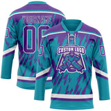 Custom Teal Purple-White 3D Pattern Splash Art Hockey Lace Neck Jersey