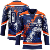 Custom Navy Thunder Blue Orange-White 3D Splash Art Hockey Lace Neck Jersey