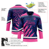 Custom Navy Pink-White 3D Splash Art Hockey Lace Neck Jersey