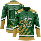 Custom Green Old Gold-White 3D Splash Art Hockey Lace Neck Jersey