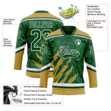 Custom Green Old Gold-White 3D Splash Art Hockey Lace Neck Jersey