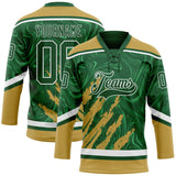 Custom Green Old Gold-White 3D Splash Art Hockey Lace Neck Jersey
