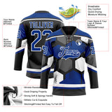 Custom Royal Black-White 3D Pattern Geometric Shape Hockey Lace Neck Jersey