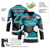 Custom Teal Black-White 3D Pattern Geometric Shape Hockey Lace Neck Jersey