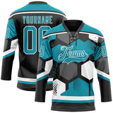 Custom Teal Black-White 3D Pattern Geometric Shape Hockey Lace Neck Jersey