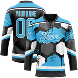 Custom Sky Blue Black-White 3D Pattern Geometric Shape Hockey Lace Neck Jersey