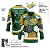 Custom Old Gold Green-White 3D Pattern Geometric Shape Hockey Lace Neck Jersey