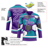 Custom Teal Purple-White 3D Pattern Geometric Shape Hockey Lace Neck Jersey