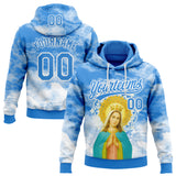 Custom Stitched Powder Blue White 3D Pattern Design Religion The Virgin Mary Pullover Sweatshirt Hoodie