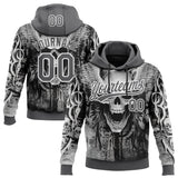 Custom Stitched Steel Gray Black-White 3D Skull Pattern Pullover Sweatshirt Hoodie