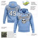 Custom Stitched Light Blue White-Black 3D Skull Pattern Pullover Sweatshirt Hoodie