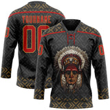 Custom Black Red-Old Gold 3D Pattern Native Americans Tribal Indigenous People Hockey Lace Neck Jersey