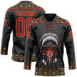 Custom Black Red-Old Gold 3D Pattern Native Americans Tribal Indigenous People Hockey Lace Neck Jersey