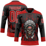 Custom Black Red-White 3D Pattern Native Americans Tribal Indigenous People Hockey Lace Neck Jersey