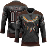 Custom Black Brown-White 3D Pattern Native Americans Tribal Indigenous People Hockey Lace Neck Jersey