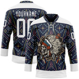 Custom Navy White 3D Pattern Native Americans Tribal Indigenous People Hockey Lace Neck Jersey