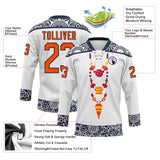 Custom White Orange-Navy 3D Pattern Native Americans Tribal Indigenous People Hockey Lace Neck Jersey