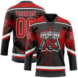 Custom Black Red Steel Gray-White 3D Pattern Dripping Splatter Hockey Lace Neck Jersey