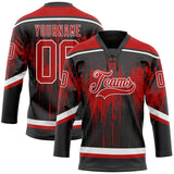 Custom Black Red Steel Gray-White 3D Pattern Dripping Splatter Hockey Lace Neck Jersey