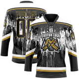 Custom Black Old Gold Steel Gray-White 3D Pattern Dripping Splatter Hockey Lace Neck Jersey
