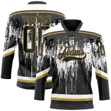 Custom Black Old Gold Steel Gray-White 3D Pattern Dripping Splatter Hockey Lace Neck Jersey