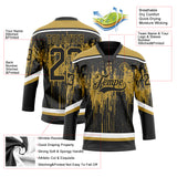 Custom Black Old Gold Steel Gray-White 3D Pattern Dripping Splatter Hockey Lace Neck Jersey