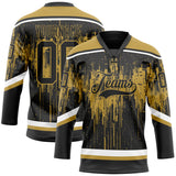 Custom Black Old Gold Steel Gray-White 3D Pattern Dripping Splatter Hockey Lace Neck Jersey