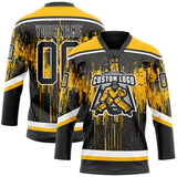 Custom Black Gold Steel Gray-White 3D Pattern Dripping Splatter Hockey Lace Neck Jersey