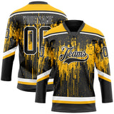 Custom Black Gold Steel Gray-White 3D Pattern Dripping Splatter Hockey Lace Neck Jersey