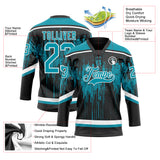 Custom Black Teal Steel Gray-White 3D Pattern Dripping Splatter Hockey Lace Neck Jersey