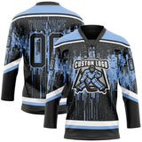 Custom Black Light Blue Steel Gray-White 3D Pattern Dripping Splatter Hockey Lace Neck Jersey