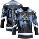 Custom Black Light Blue Steel Gray-White 3D Pattern Dripping Splatter Hockey Lace Neck Jersey