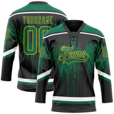 Custom Black Kelly Green Gold Steel Gray-White 3D Pattern Dripping Splatter Hockey Lace Neck Jersey