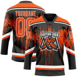 Custom Black Orange Steel Gray-White 3D Pattern Dripping Splatter Hockey Lace Neck Jersey