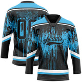 Custom Black Sky Blue Steel Gray-White 3D Pattern Dripping Splatter Hockey Lace Neck Jersey